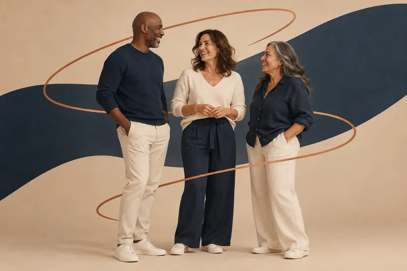 Three adults laughing together, standing against a flowing navy and beige wave