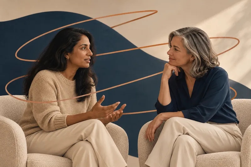 Two women in warm conversation, seated in armchairs during a consultation