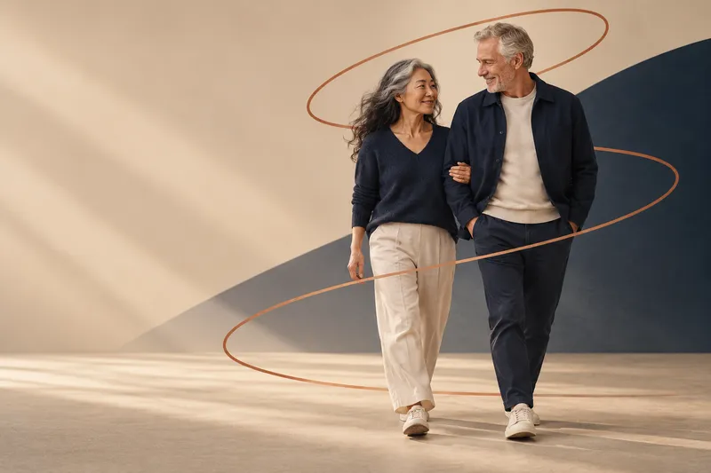 An older couple walking arm in arm, smiling, with a copper line looping around them