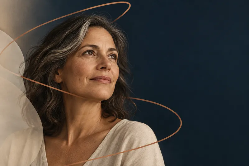 A woman with gray-streaked hair looking upward with a calm, hopeful expression, a copper swirl circling her on a navy background