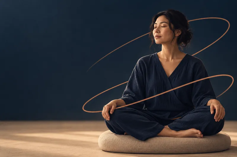 A woman meditating cross-legged on a floor cushion, eyes softly open, in a calm navy and beige room