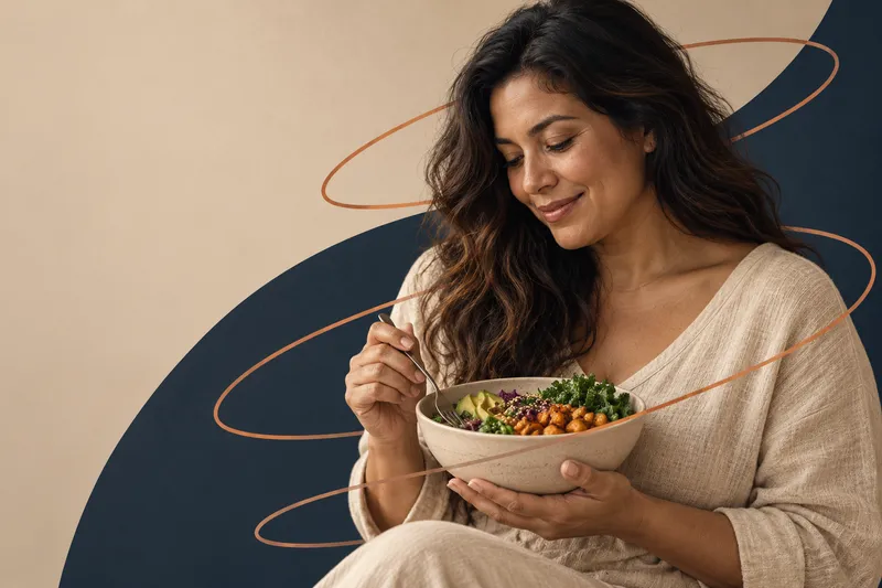 A smiling woman enjoying a colorful grain and vegetable bowl